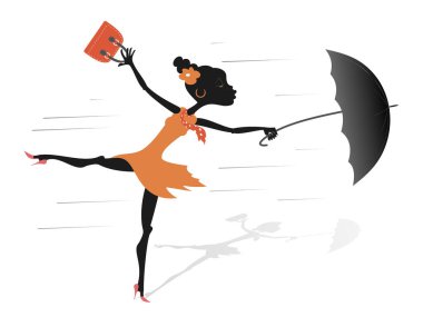 Rüzgârlı hava, genç Afrikalı kadın ve şemsiye çizimi. Rüzgârla savrulan şemsiyeli güzel bir Afrikalı kadın. Beyazların üzerinde izole edilmiş.