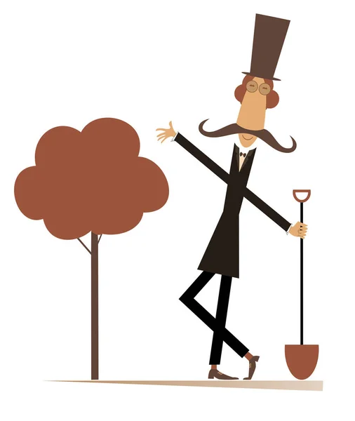 Jardinero Divertido Pala Una Ilustración Aislada Del Árbol Hombre Bigote — Vector de stock