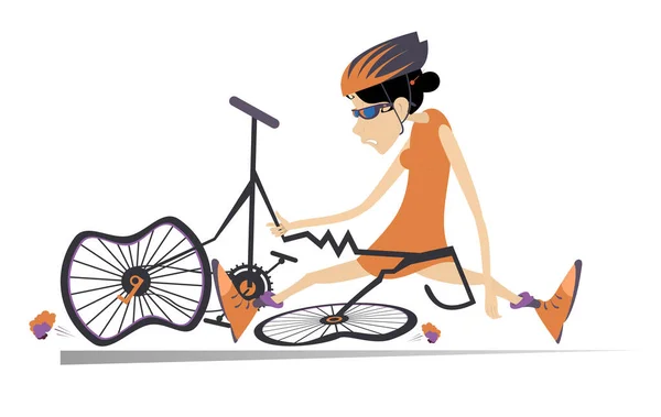 Triste Ciclista Donna Bici Rotto Illustrazione Ciclista Giovane Donna Con — Vettoriale Stock