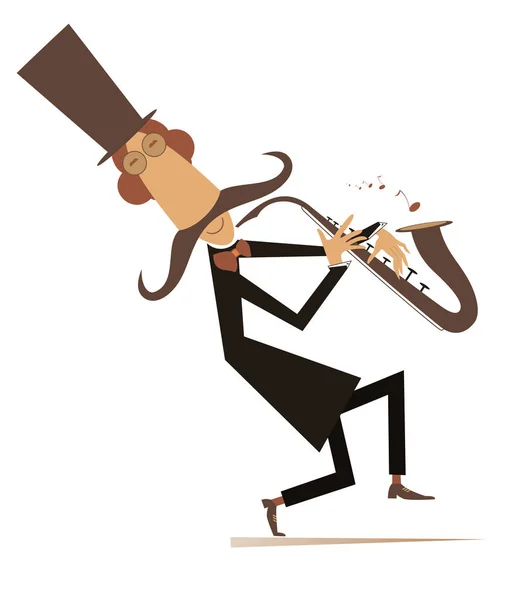 Rysunkowe Długie Wąsy Saksofonista Ilustracja Uśmiechnięty Wąsaty Mężczyzna Cylindrze Gra — Wektor stockowy
