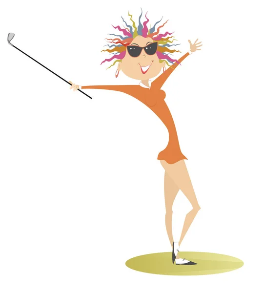 Jonge Golfer Vrouw Golfbaan Illustratie Gelukkig Golfer Vrouw Zonnebril Houdt — Stockvector
