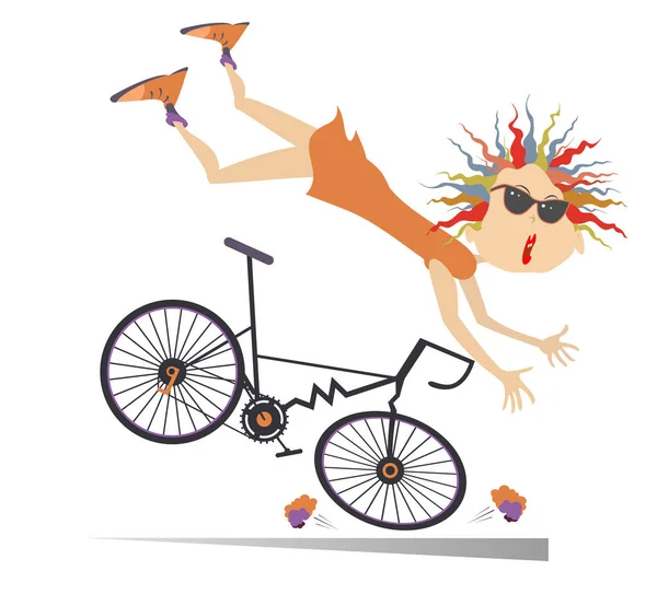 Mujer Ciclista Cayéndose Ilustración Bicicleta Mujer Ciclista Cayendo Bicicleta Rota — Archivo Imágenes Vectoriales