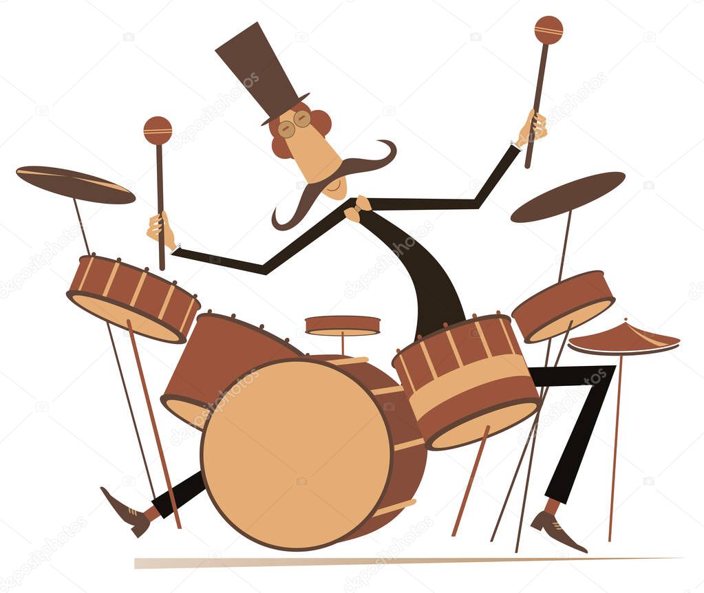 Funny mustache drummer isolated illustration.Mustache man in the top hat plays on drum kit isolated on white illustration