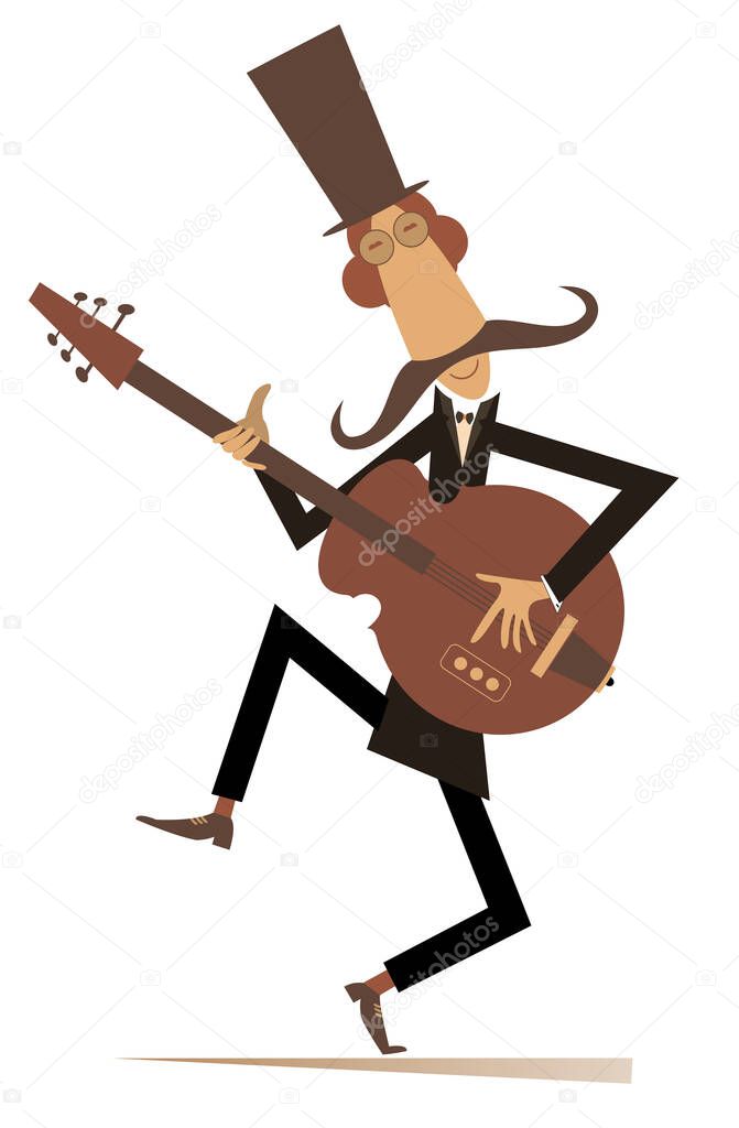 Cartoon long mustache guitarist is playing music illustration. Mustache man in the top hat playing guitar isolated on white