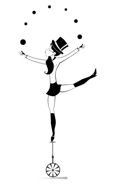 Mujer Equilibrio Monociclo Malabares Bolas Ilustración Sexy Joven Mujer Sombrero — Vector de stock