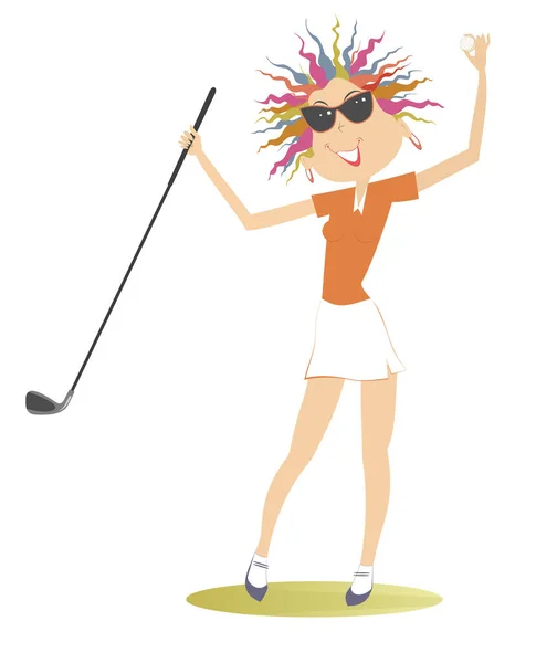 Młoda Kobieta Golfistka Ilustracji Pola Golfowego Happy Golfistka Okularach Posiada — Wektor stockowy