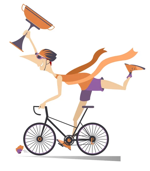 Uomo Dei Cartoni Animati Cavalca Una Bicicletta Vince Illustrazione Gara — Vettoriale Stock
