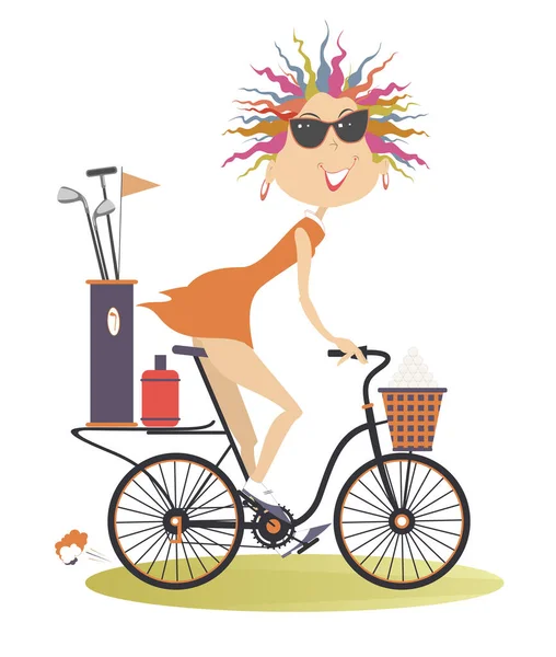 Smiling Woman Bike Goes Play Golf Illustration Smiling Young Woman — Stock Vector