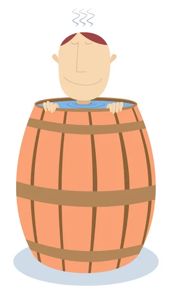 Man Sits Wooden Cask Filled Water Illustration Man Gets Pleasure — Stock Vector