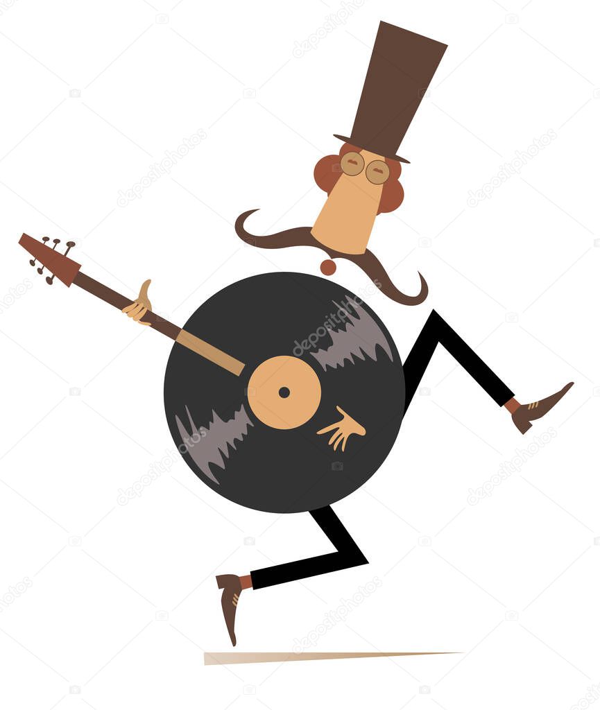Funny mustache man in the top, guitar and vinyl record concept illustration. Cartoon long mustache man in the top, guitar and vinyl record isolated on white