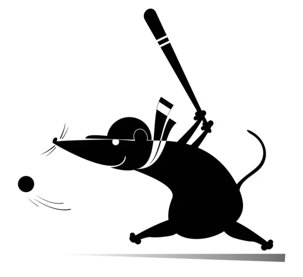 野球の打者のラットやマウスのピッチのイラストを打つ 白の上に速いピッチ黒でスイング漫画の野球の打者のラットやマウス — ストックベクタ