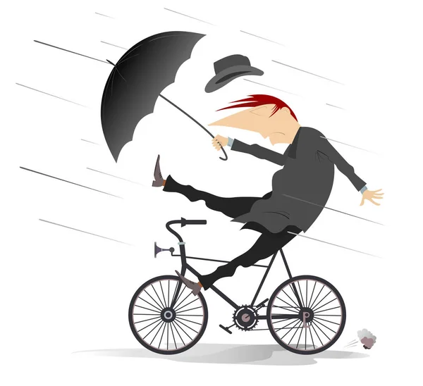 Yağmurlu Rüzgarlı Bir Gün Bisiklet Çizimi Yapan Bir Adam Şemsiyeli — Stok Vektör