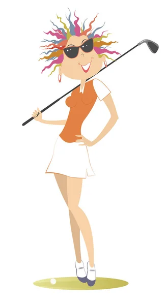 Jonge Golfer Vrouw Golfbaan Illustratie Mooie Lachende Golfer Vrouw Zonnebril — Stockvector