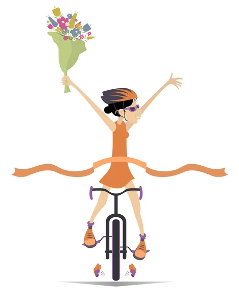 Mujer Dibujos Animados Monta Una Bicicleta Gana Ilustración Carrera Mujer — Vector de stock