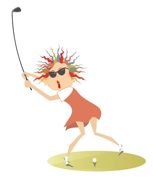 Młoda Kobieta Golfistka Ilustracji Pola Golfowego Pretty Golfistka Okularach Przeciwsłonecznych — Wektor stockowy