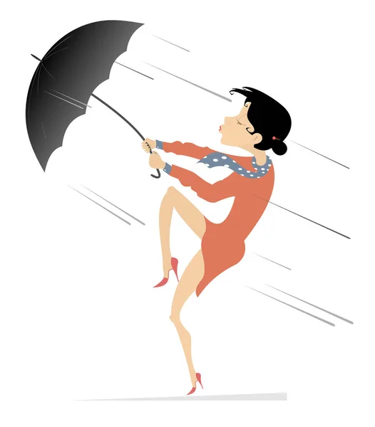 Windy Day Young Woman Umbrella Illustration Young Woman Sunglasses Umbrella — Stock Vector