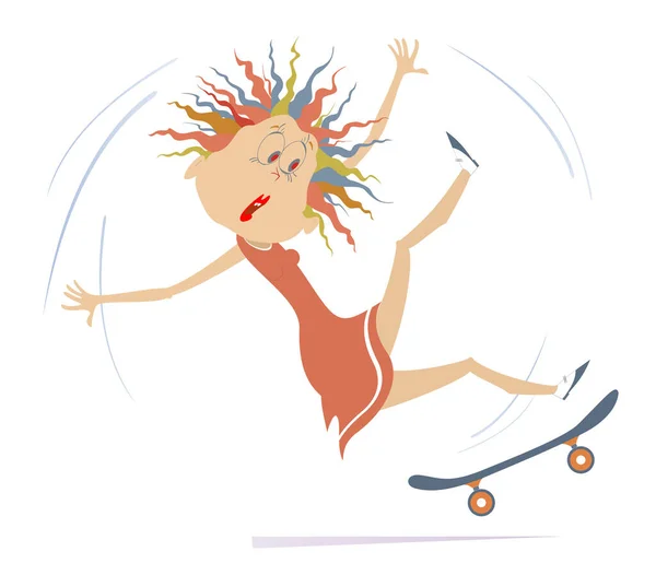 Jonge Vrouw Een Skateboarder Geïsoleerde Illustratie Cartoon Jonge Vrouw Vallen — Stockvector