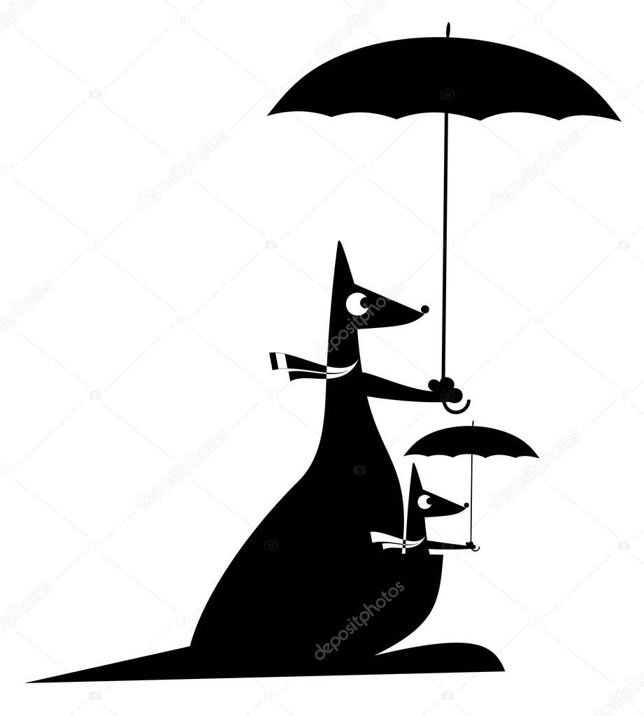 Cartoon kangaroo with a baby in the marsupium illustration. Funny kangaroo and its baby with umbrellas black on white