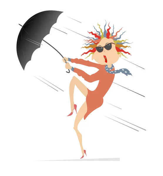 Blåsig Dag Och Ung Kvinna Med Paraply Illustration Ung Kvinna — Stock vektor