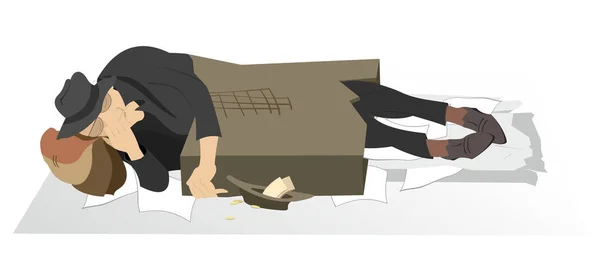 Sleeping Homeless Poor Man Illustration Hungry Chilled Beggar Sleeps Cardboard — Stock Vector