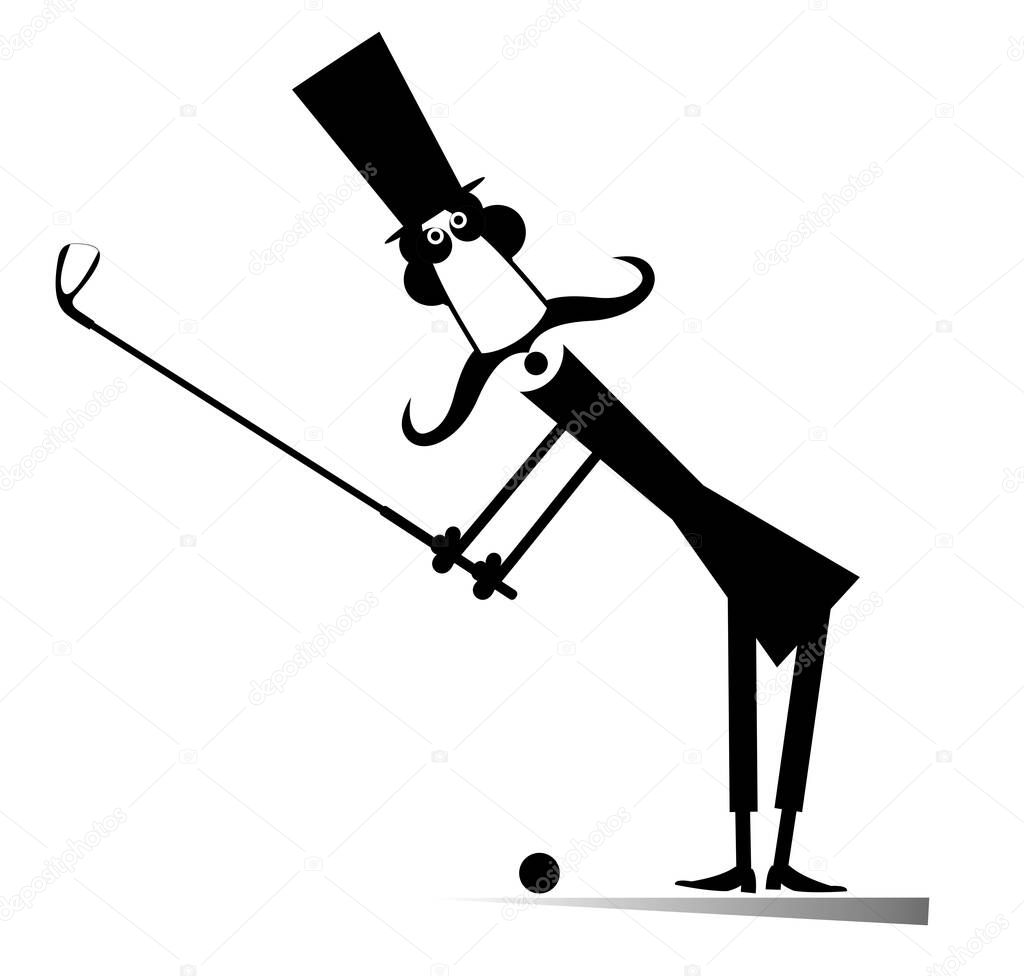 Long mustache man in the top hat playing golf isolated illustration. Cartoon long mustache gentleman in the top hat holds a golf club and trying to do a good kick black on white