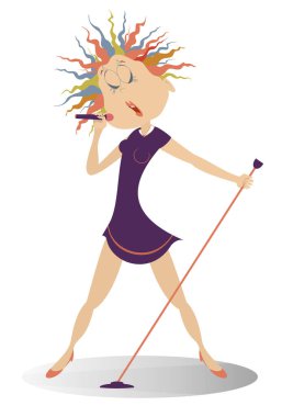 Romantik şarkıcı kadın illüstrasyonu. Mikrofonlu komik genç bir kadın beyaza izole edilmiş büyük bir ilham kaynağı ile şarkı söylüyor.