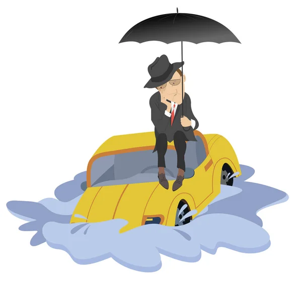 Ember Aki Kocsin Megszökik Árvíz Illusztrációból Egy Férfi Esernyővel Sodródik — Stock Vector