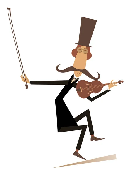 Dibujos Animados Bigote Largo Ilustración Violinista Hombre Bigote Sonriente Sombrero — Vector de stock