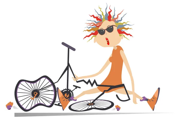 Triste Ciclista Donna Bici Rotto Illustrazione Cartoon Ciclista Donna Occhiali — Vettoriale Stock