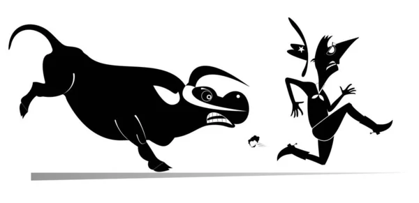 农夫或牛仔和愤怒的公牛插图 惊慌失措的农夫或牛仔从愤怒的公牛身上逃走了 — 图库矢量图片