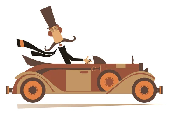 Wąsik Cylindrze Jeździ Ilustracją Samochodu Cartoon Długie Wąsy Człowiek Cylindrze — Wektor stockowy