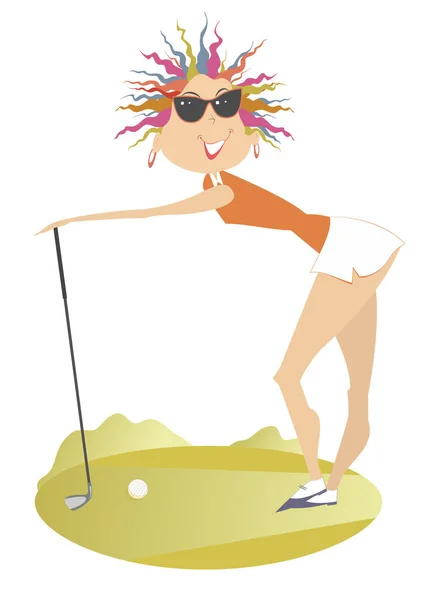 Grappige Golfer Vrouw Golfbaan Illustratie Cartoon Glimlachende Golfer Vrouw Zonnebril — Stockvector