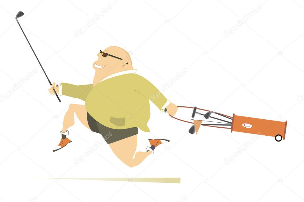 Smiling fat golfer man runs to play golf illustration. Cartoon smiling fat bald-headed man in sunglasses with golf bag and golf club runs to the golf course isolated on white