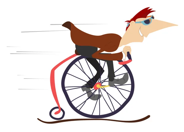 Homem dos desenhos animados monta uma bicicleta cômica — Vetor de Stock