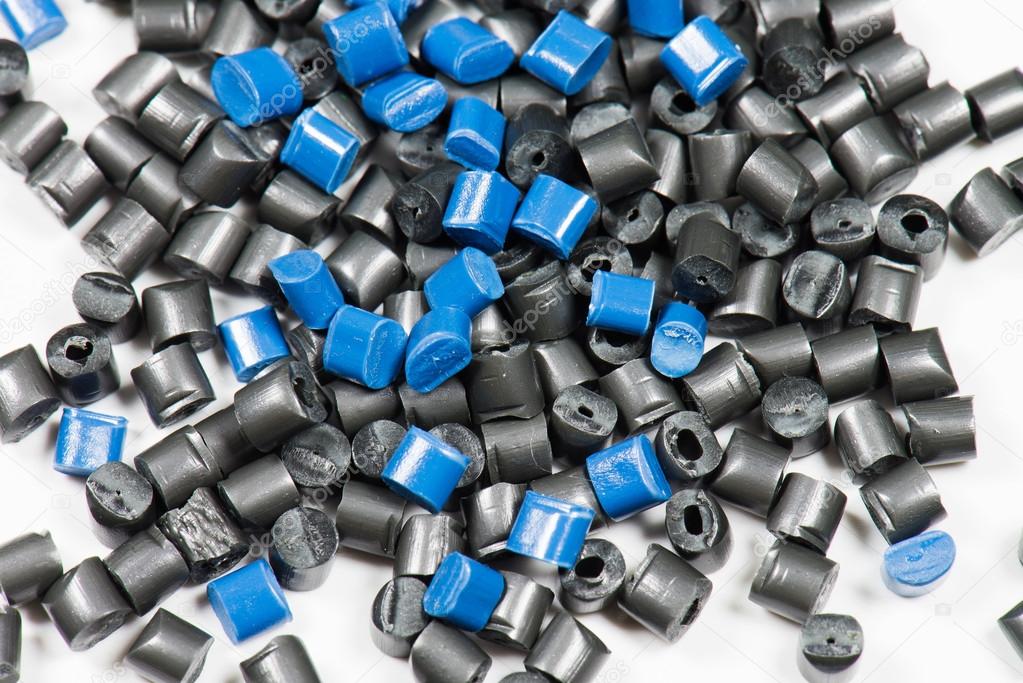 Blue and black polymer pellets