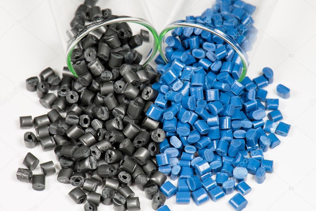 Blue and black polymer pellets