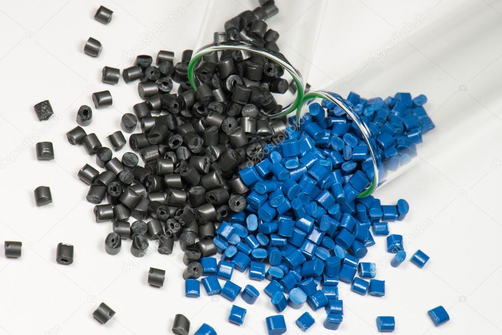 Blue and black polymer pellets