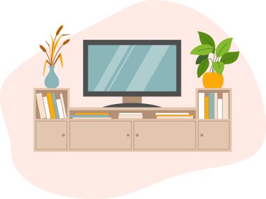 Oturma odasının içi vektör. Televizyon, TV standı ve ev bitkileriyle dolu rahat bir oda dizaynı. Düz vektör illüstrasyonu