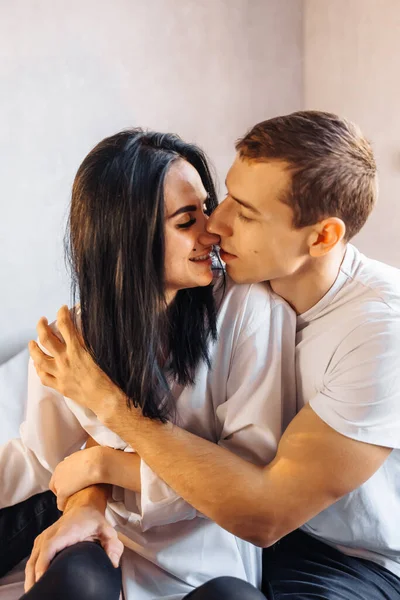 Attractive Young Couple Lovers Having Sex Home Bed Bright Room — Stock Photo, Image