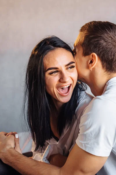 Couple Young Lovers Having Good Time Home Bed Guy Pinching — Stock Photo, Image