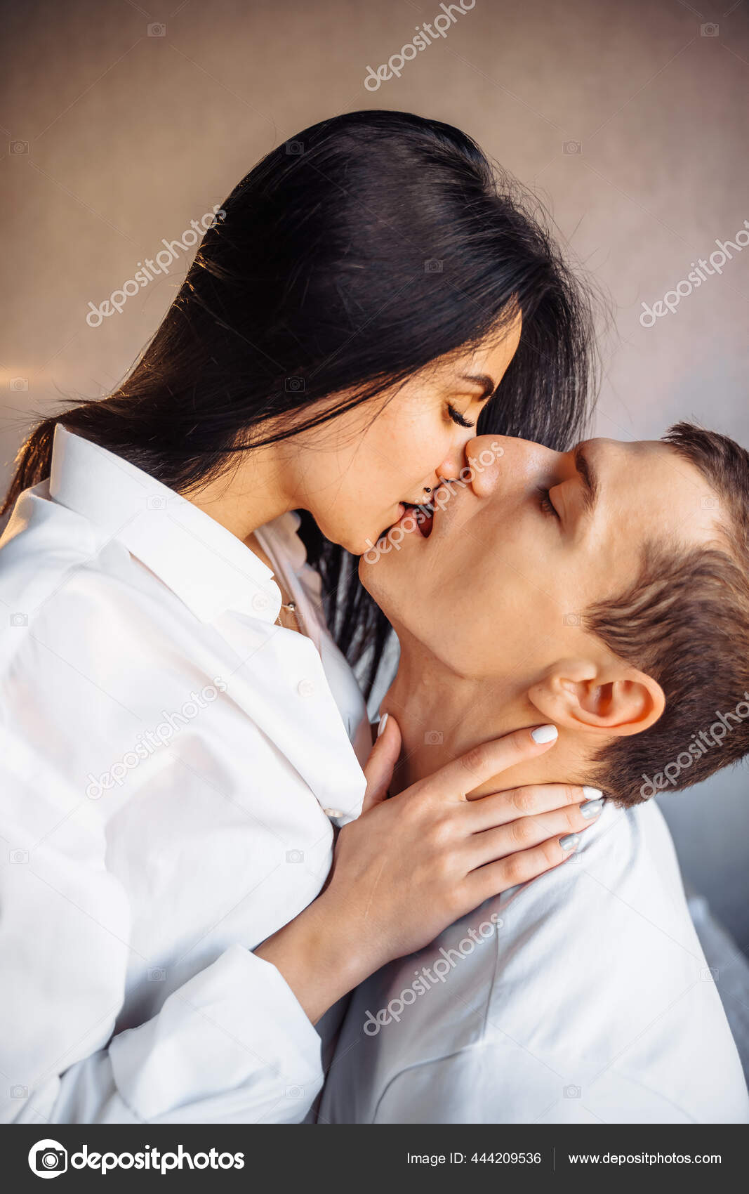 Attractive Young Couple Lovers Having Sex Home Bed Bright Room Stock Photo by ©dariaagaf 444209536