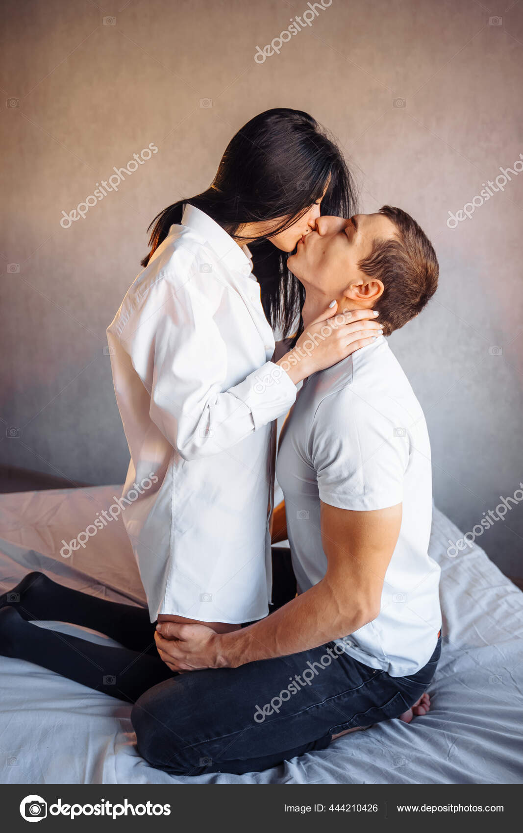 Attractive Young Couple Lovers Having Sex Home Bed Bright Room Stock Photo by ©dariaagaf 444210426