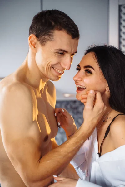 Close Laughing Couple Love Guy Girl Hugging Tenderly Kitchen Foreplay — Stock Photo, Image