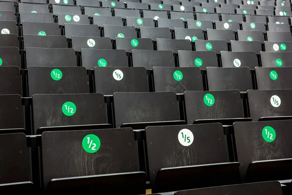 Beautiful Auditorium Black Chairs Which Stickers Corona Rules — Stock Photo, Image