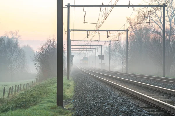 在一个美丽的早晨 轨道上坐着一列火车 太阳升起 地面上飘着雾气 天空中没有一丝云彩 — 图库照片