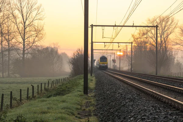 Uma Bela Manhã Pista Com Trem Sol Nascendo Com Nevoeiro — Fotografia de Stock