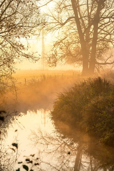 Beau Lever Soleil Avec Brouillard Entre Les Arbres Pendant Automne — Photo