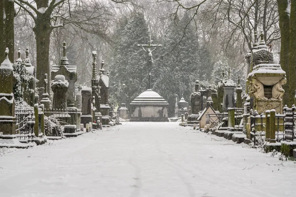 Nieve Cementerio Carretera Las Tumbas Están Bien Cubiertas Nieve —  Fotos de Stock