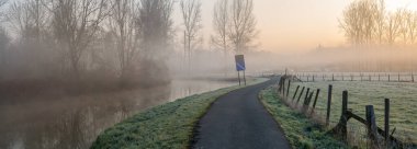 Nehir boyunca ağaçların arasında sisli, soğuk bir sabah