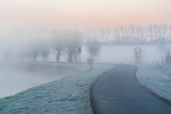 Early on a frosty morning with fog, this bike and footpath runs along the river